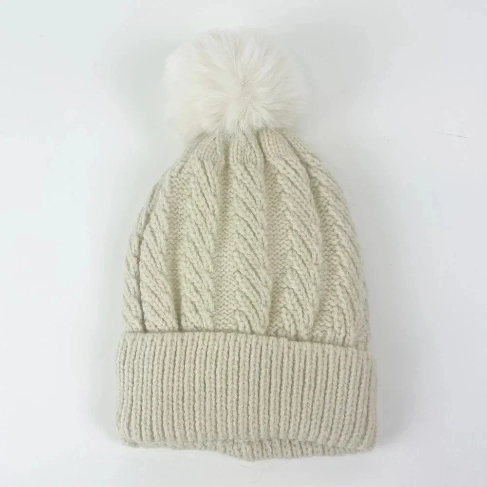 JC Sunny Just Classy Hat Womens One Size Beige Knit Fauc Fur Pom Pom Beanie